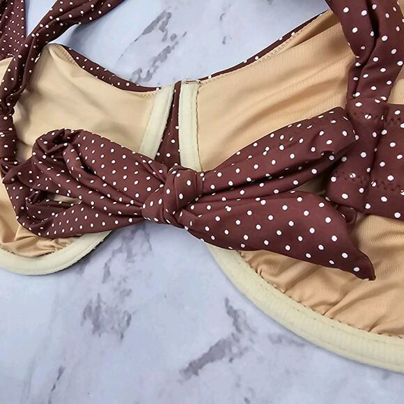 J Crew Swim Top 42DD Brown White Polka Dot Underwire Bikini Sable Bow BF259 - Picture 7 of 10